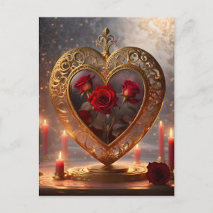Cartão Postal De Festividades Coração dourado vitoriano com rosas vermelhas, vin