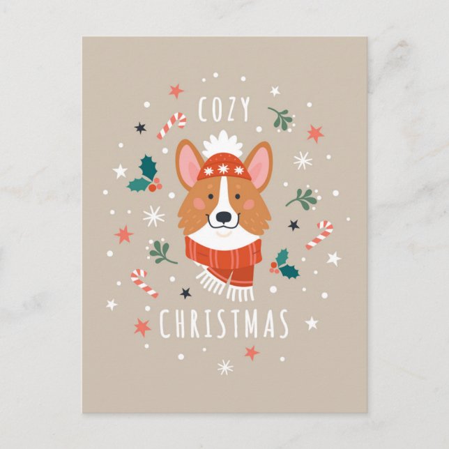 Cartão Postal De Festividades Corgi Aconchegante - Calor de Natal (Frente)