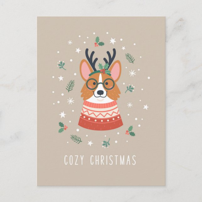 Cartão Postal De Festividades Corgi de Natal Aconchegante (Frente)