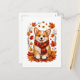Cartão Postal De Festividades Corgi Dog Aconchegante de Outono