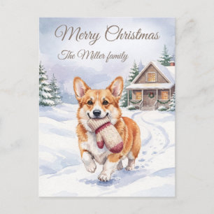 Cartão Postal De Festividades Corgi Fofo com Natal Florestal de Luva Personaliza