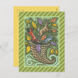 CARTÃO POSTAL DE FESTIVIDADES CORNUCOPIA DA VIDA SELVAGEM DA NATUREZA, ARTE FOLK