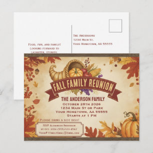 Cartão Postal De Festividades Cornucópia de Abóboras e Folhas de Outono Rústicas