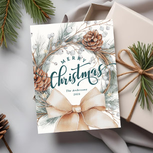 Cartão Postal De Festividades Coroa Botânica de Natal com Letra Alegre de Feliz