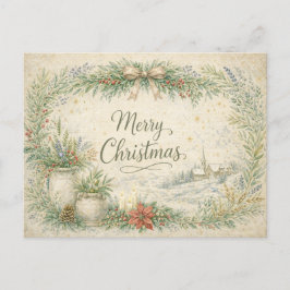 Cartão Postal De Festividades Coroa Botânica Rústica Feliz Natal 