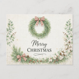 Cartão Postal De Festividades Coroa de Algodão Estilo Fazenda Feliz Natal 