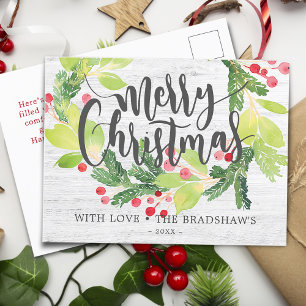 Cartão Postal De Festividades Coroa de Bagas de Inverno em Aquarela Rústica
