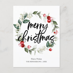 Cartão Postal De Festividades Coroa de Folhas de Natal Feliz