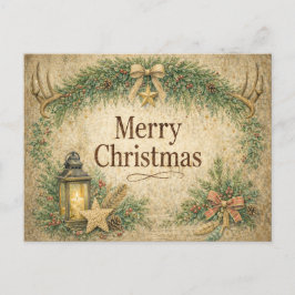 Cartão Postal De Festividades Coroa de Galhos com Chifres Rústicos Feliz Natal