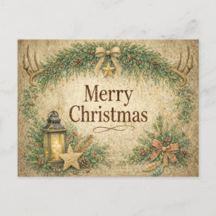 Cartão Postal De Festividades Coroa de Galhos com Chifres Rústicos Feliz Natal
