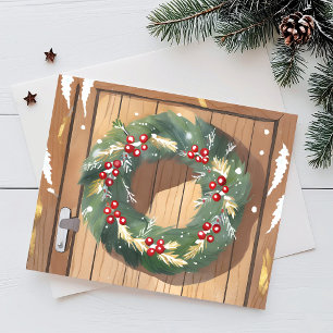 Cartão Postal De Festividades Coroa de Natal de Frutas Alegre Rústico em Aquar