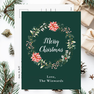 Cartão Postal De Festividades Coroa de Natal de Poinsettia Vermelha Feliz Natal