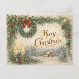 Cartão Postal De Festividades Coroa de Natal Evergreen Vintage Feliz Natal 