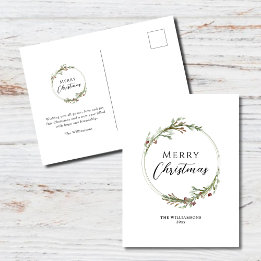 Cartão Postal De Festividades Coroa de Natal Minimalista em Aquarela