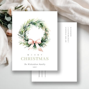 Cartão Postal De Festividades Coroa de Natal Verde Rosa Suave Aquarela