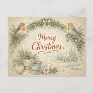 Cartão Postal De Festividades Coroa de Natal Vintage Robin
