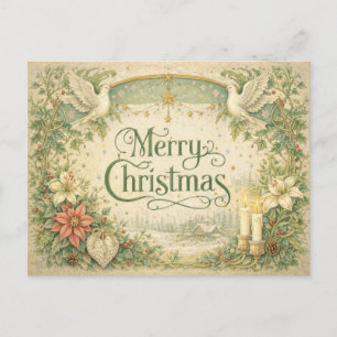 Cartão Postal De Festividades Coroa de Natal Vintage White Dove