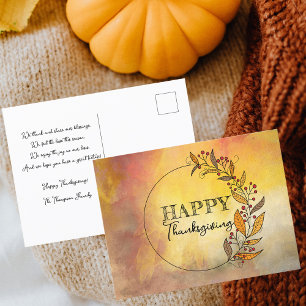 Cartão Postal De Festividades Coroa de Outono em Aquarela Boho Saudação de Ação