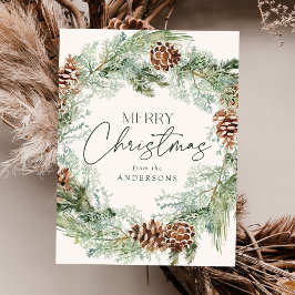 Cartão Postal De Festividades Coroa de Pinhas em Aquarela Rústica Não-Fotográfic