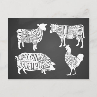 Cartão Postal De Festividades Cortes de carne de vaca porco frango açougue Vinta
