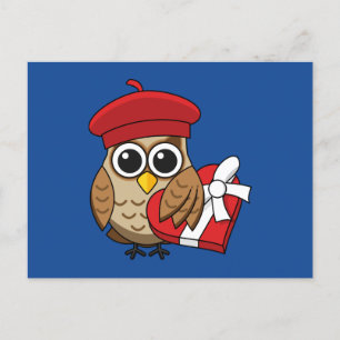 Cartão Postal De Festividades Coruja-branca com berço vermelho e caixa cardíaca