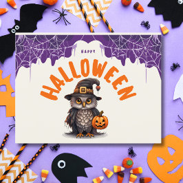 Cartão Postal De Festividades Coruja fofa de Halloween com Abóbora Feliz Hallowe