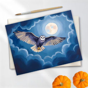 Cartão Postal De Festividades Coruja Lua Cheia Halloween Aquarela