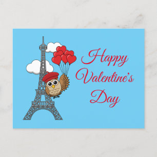 Cartão Postal De Festividades Coruja voando com balões cardíacos em Paris