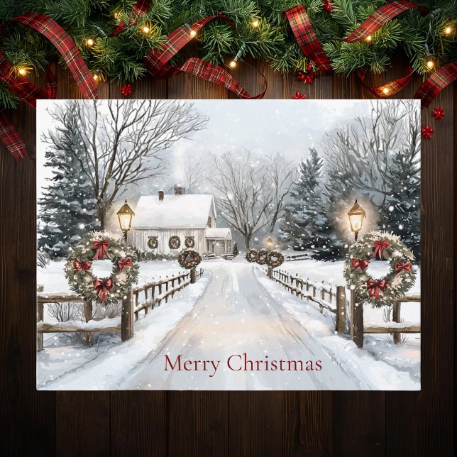 Cartão Postal De Festividades Country Farmhouse Winter Scene Merry Christmas (Criador carregado)