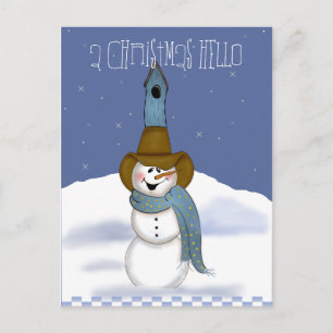 Cartão Postal De Festividades Cowboy Snowman com Birdhouse
