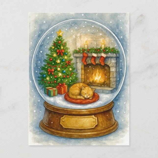 Cartão Postal De Festividades Cozy Cat Fireplace Christmas Snow Globe Postcard (Frente)