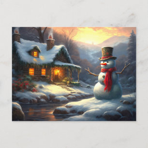 Cartão Postal De Festividades Cozy Christmas Cottage & Snowman   Vintage Winter