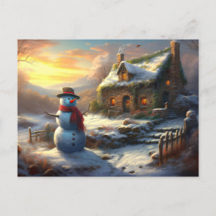Cartão Postal De Festividades Cozy Christmas Cottage & Snowman   Vintage Winter