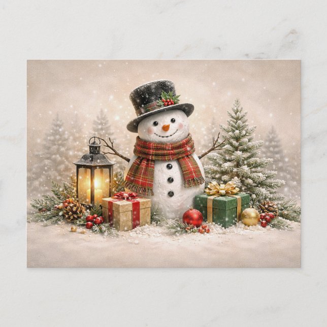 Cartão Postal De Festividades Cozy Christmas Snowman with Lantern and Gifts (Frente)