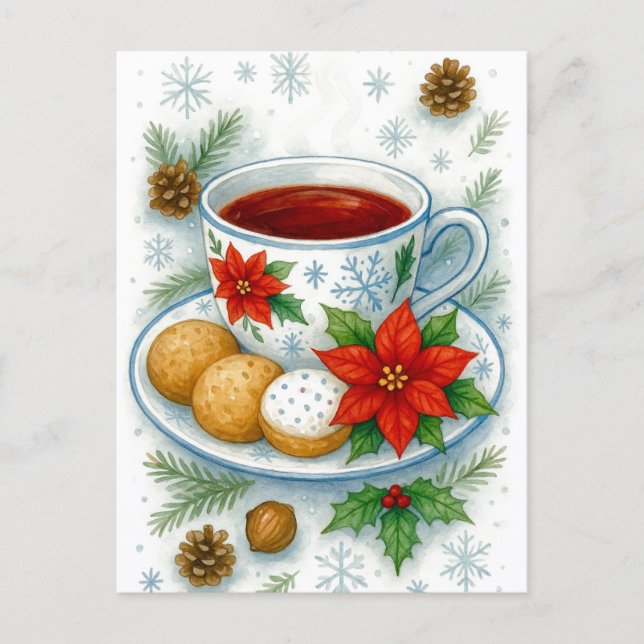 Cartão Postal De Festividades Cozy Christmas Tea & Cookies Holiday Postcard (Frente)