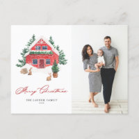 Cozy Watercolor Red Christmas Cottage Photo