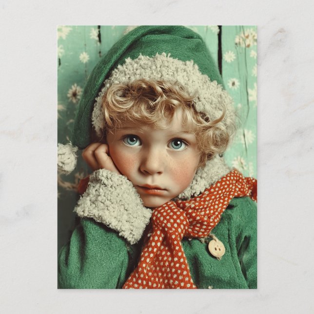 Cartão Postal De Festividades Cozy Winter Elf Child Portrait (Frente)