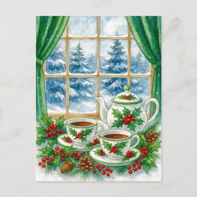 Cartão Postal De Festividades Cozy Winter Tea by the Window Postcard (Frente)