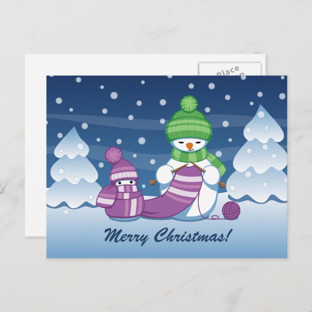 Cartão Postal De Festividades Crafty Snowman a tricotar Scarf (Frente/Verso)