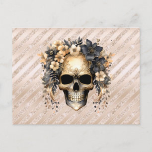 Cartão Postal De Festividades Cranio Flores Pretas e Douradas Faixa Dourada Hall