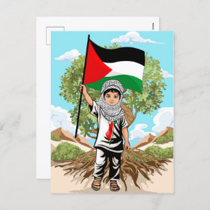 Cartão Postal De Festividades Criança com Keffiyeh Palestine Flag e Olive Tree