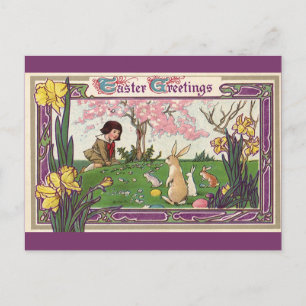 Cartão Postal De Festividades Criança Vintage numa Caça de Ovos de Páscoa com