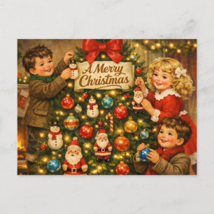 Cartão Postal De Festividades Crianças Antigas Decorando Árvore de Natal