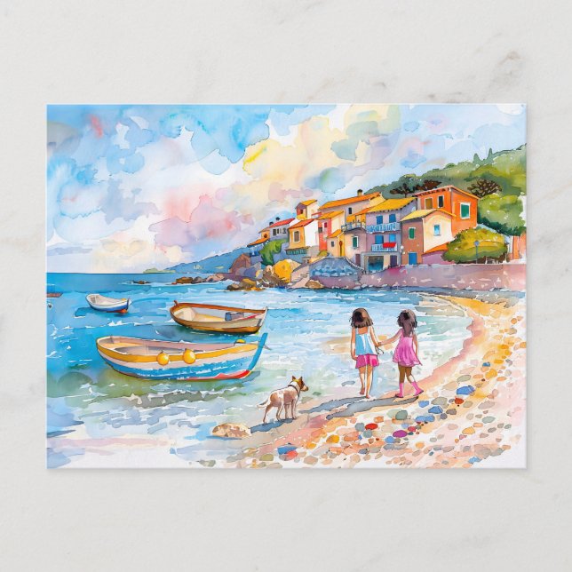 Cartão Postal De Festividades Crianças com cão na praia do Mediterrâneo (Frente)