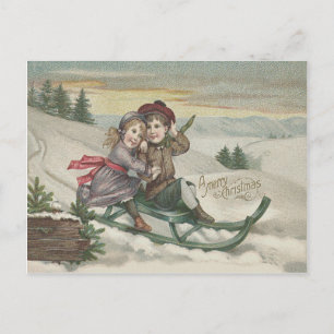 Cartão Postal De Festividades Crianças Esquiando Árvore de Natal Neve Inverno