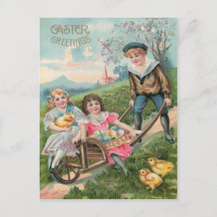 Cartão Postal De Festividades Crianças Fofas Ovo Colorido de Páscoa de Pintinho