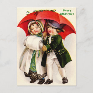 Cartão Postal De Festividades Crianças & guarda-chuva da imagem do Natal do