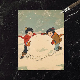 Cartão Postal De Festividades Crianças japonesas rolando uma grande bola de neve