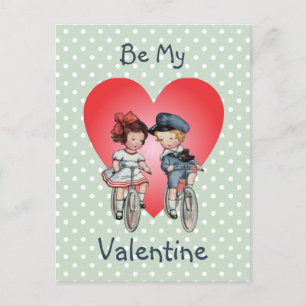Cartão Postal De Festividades Crianças Namorados Vintage em Bikes com Coração