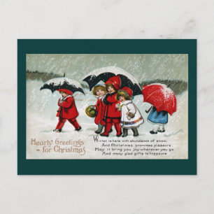 Cartão Postal De Festividades Crianças Neath Umbrellas na neve